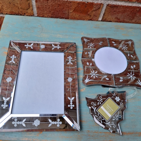 3 Mirror Frames Venetian Glass Beveled Edge Ornate Crystal Etched Flowers Tree - Picture 9 of 16